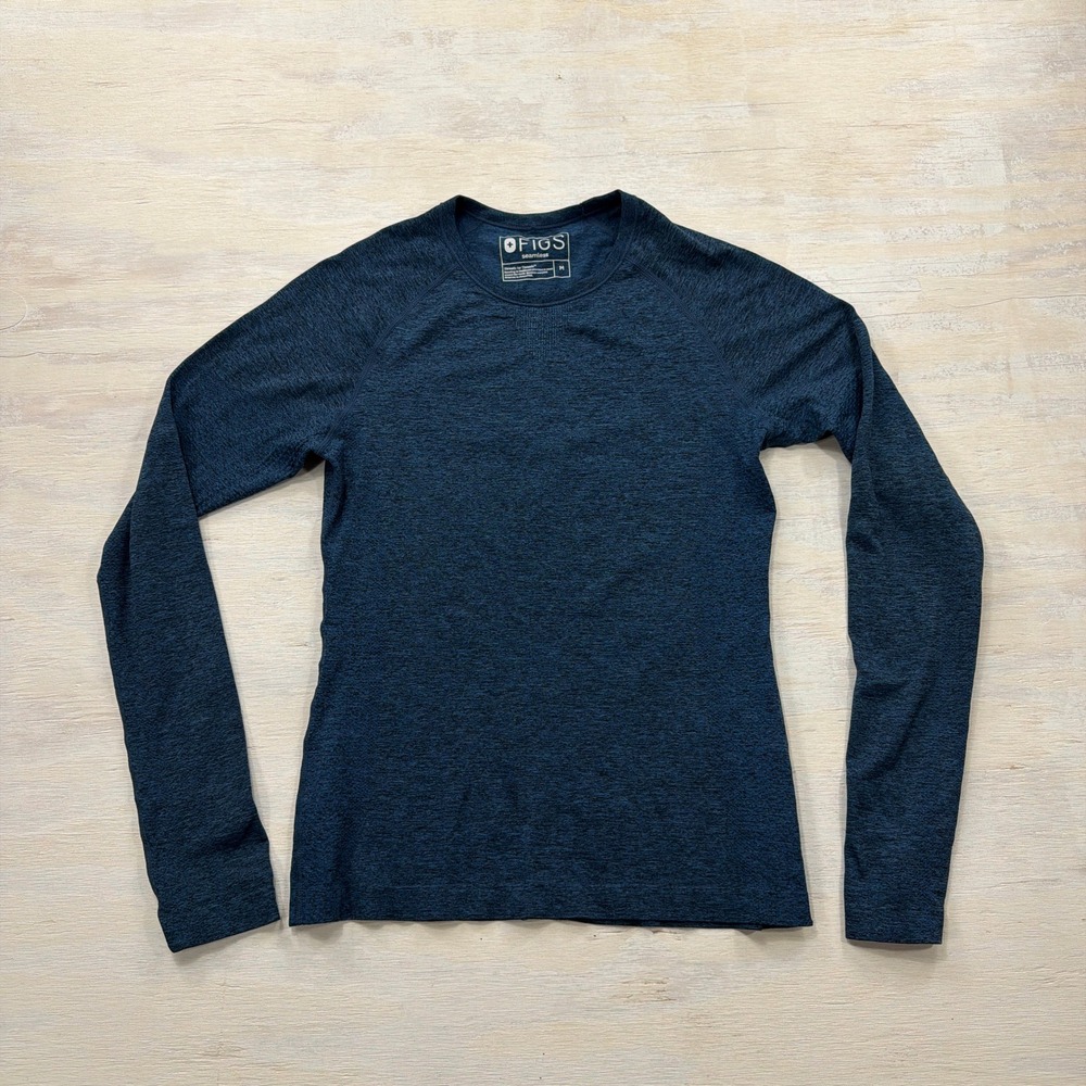 Figs Top Seamless Long Sleeve Size M Raglan Crew Neck Navy Blue Heathered Women